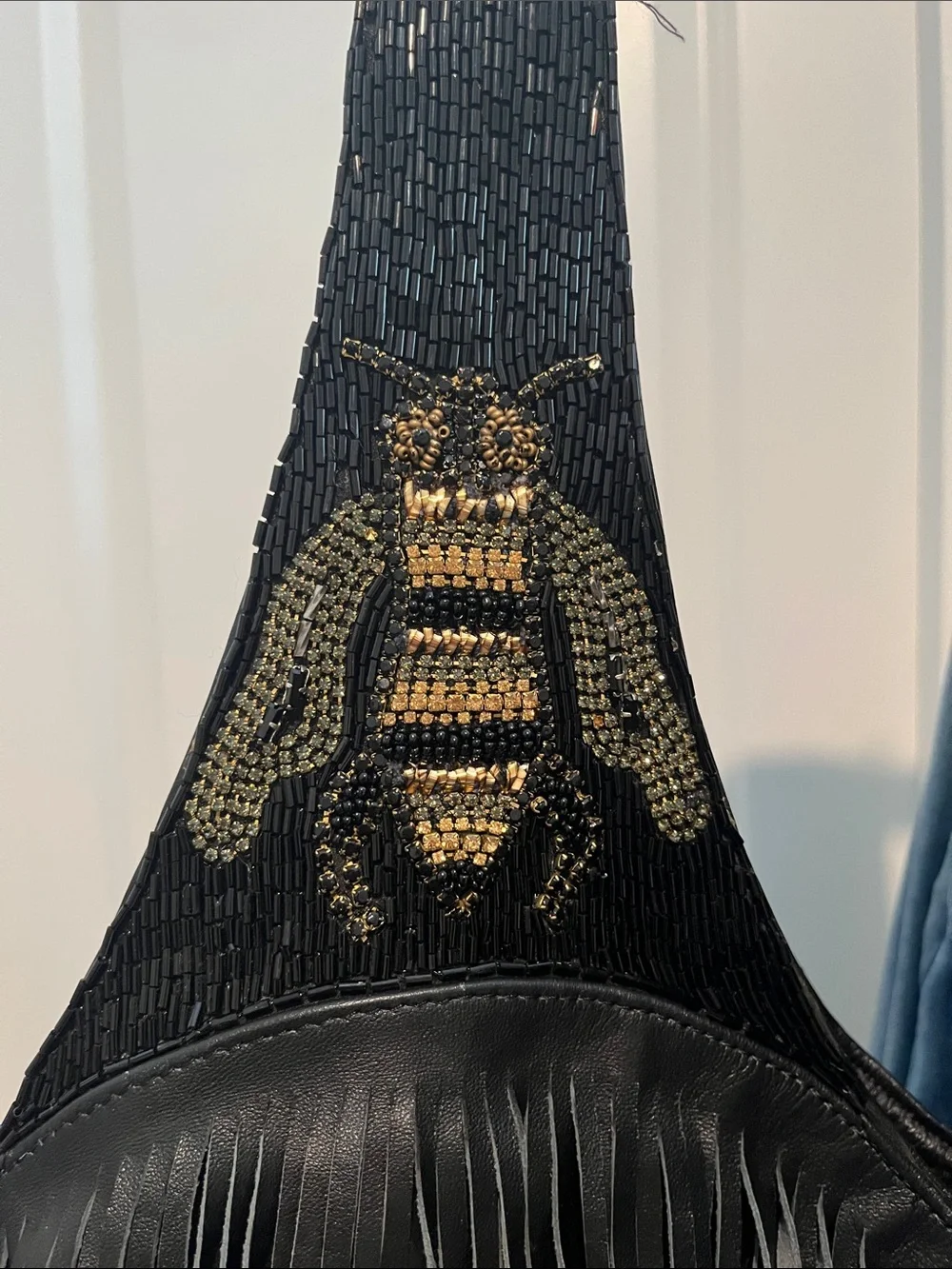 Black Fringe Leather Shoulder Bag with Gold Bee Beading